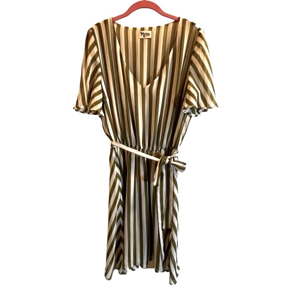 Show me your MuMu Anastasia stripe dress V-neck sheer sleeve tie belt size Med